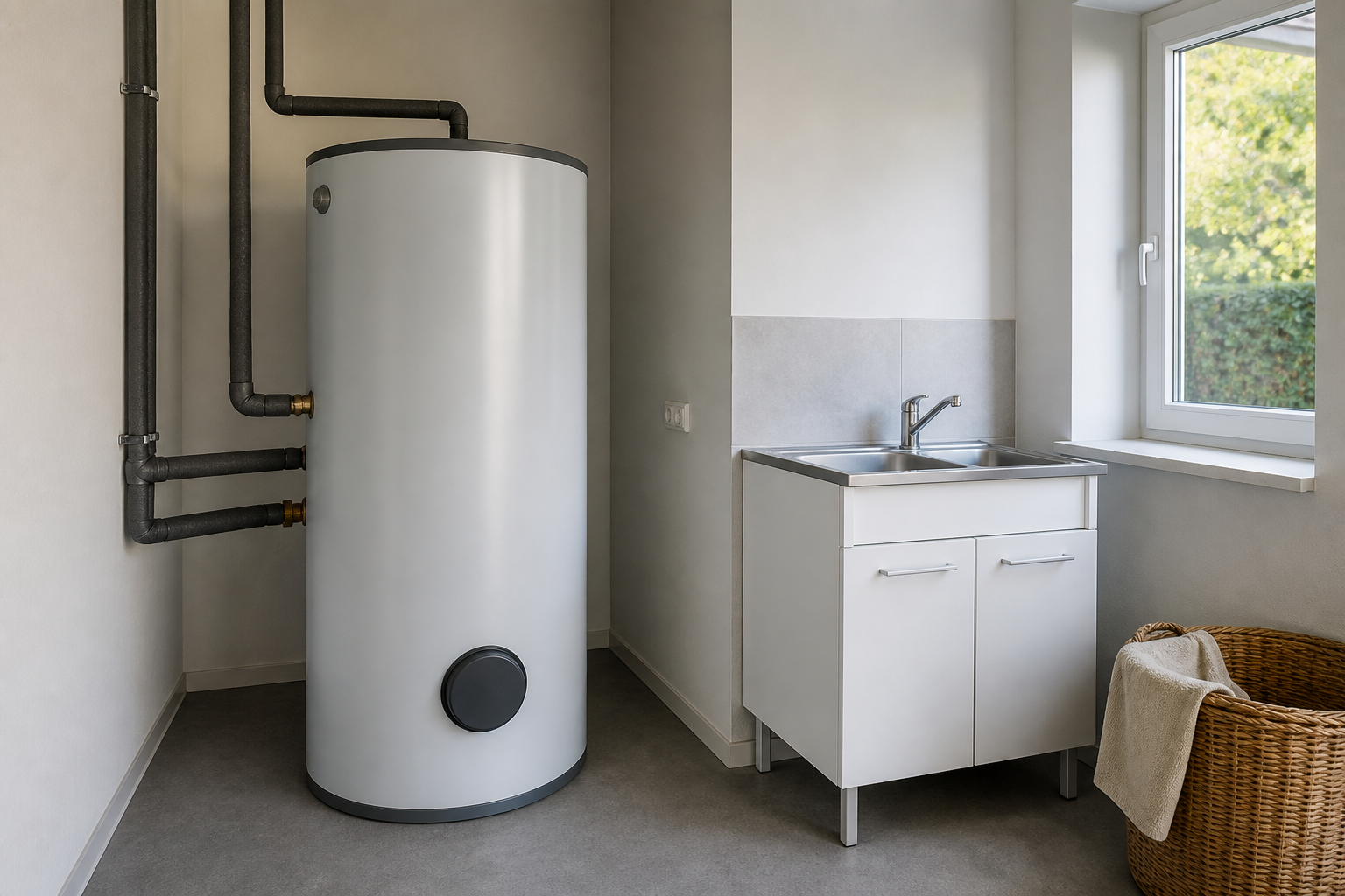 Illustrative Darstellung zum Ratgeberthema Wärmepumpe und Warmwasser: Speicher, Bedarf und Hygiene planen